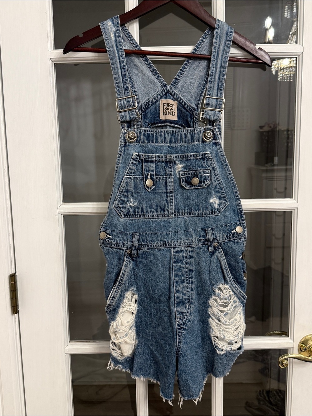 FURST OF A KIND Women’s Upcycled Distressed Denim Short Overalls Size S